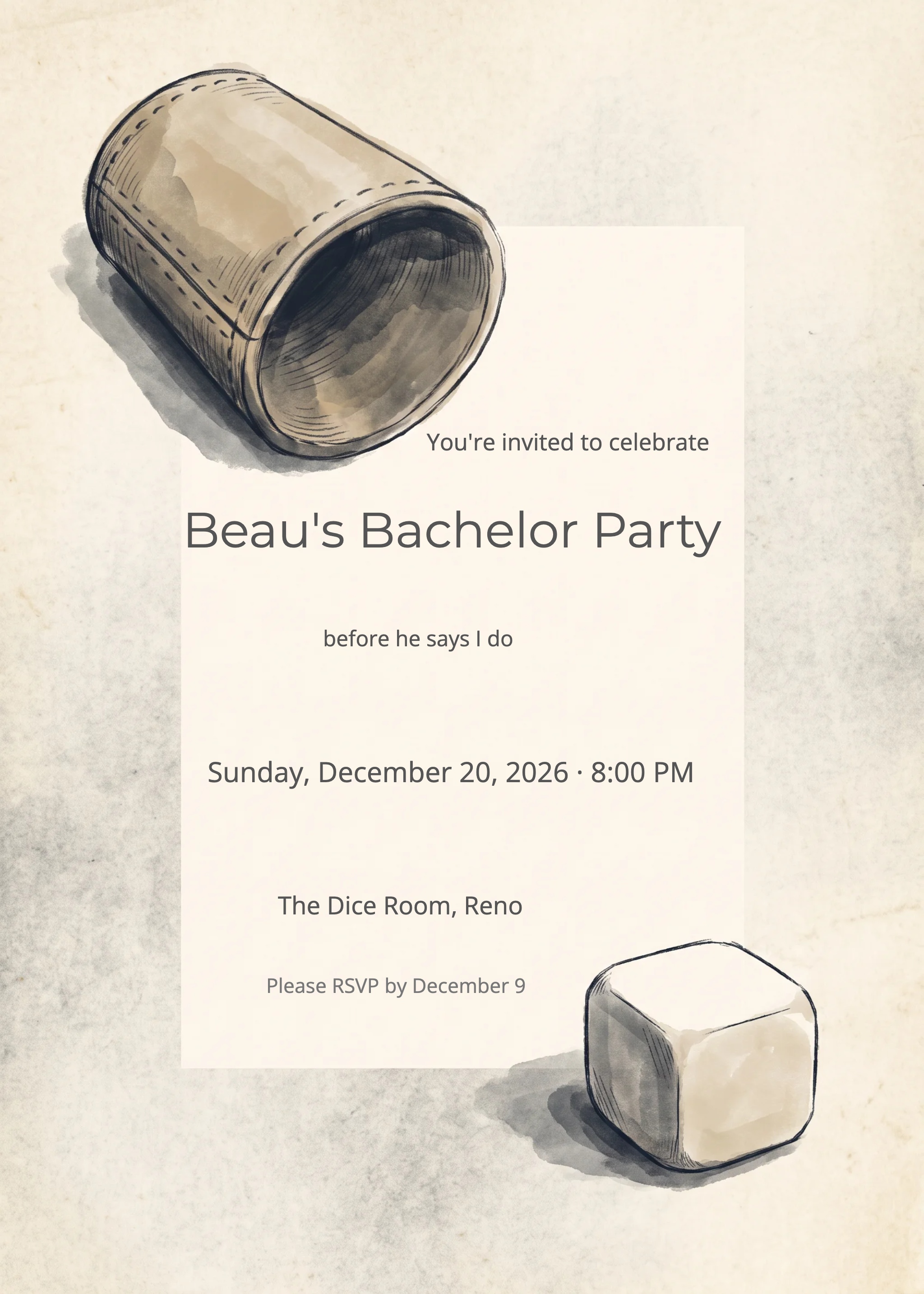 Bachelor party invitation with sketched dice cup and die on aged parchment background.