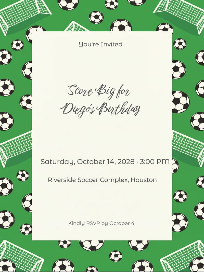 Birthday invitation with green soccer field background, goal posts, soccer balls, and off-white center panel.