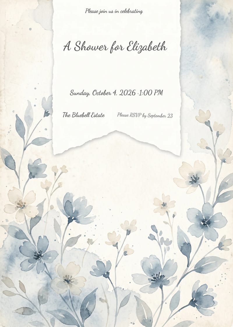 Dusty Blue Floral Torn Paper Bridal Shower Invitation invitation