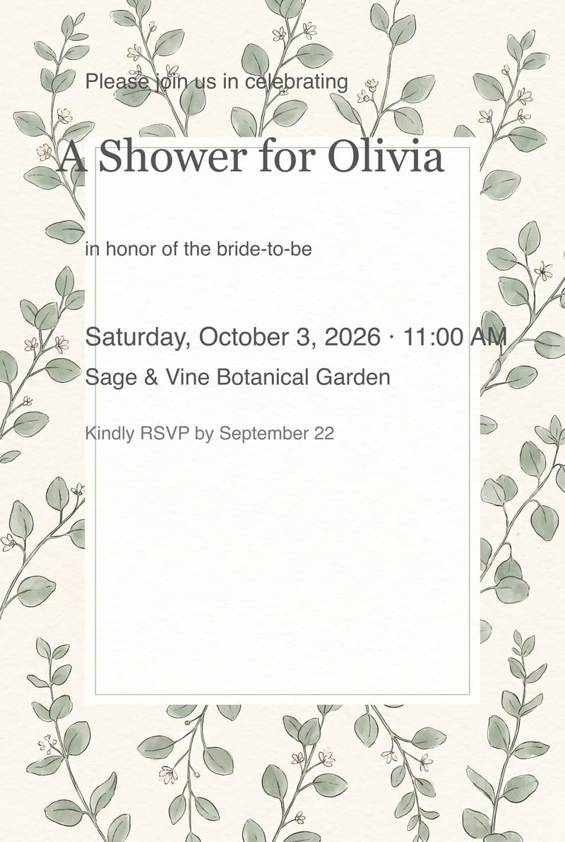 Sage Green Botanical Pattern Bridal Shower Invitation invitation