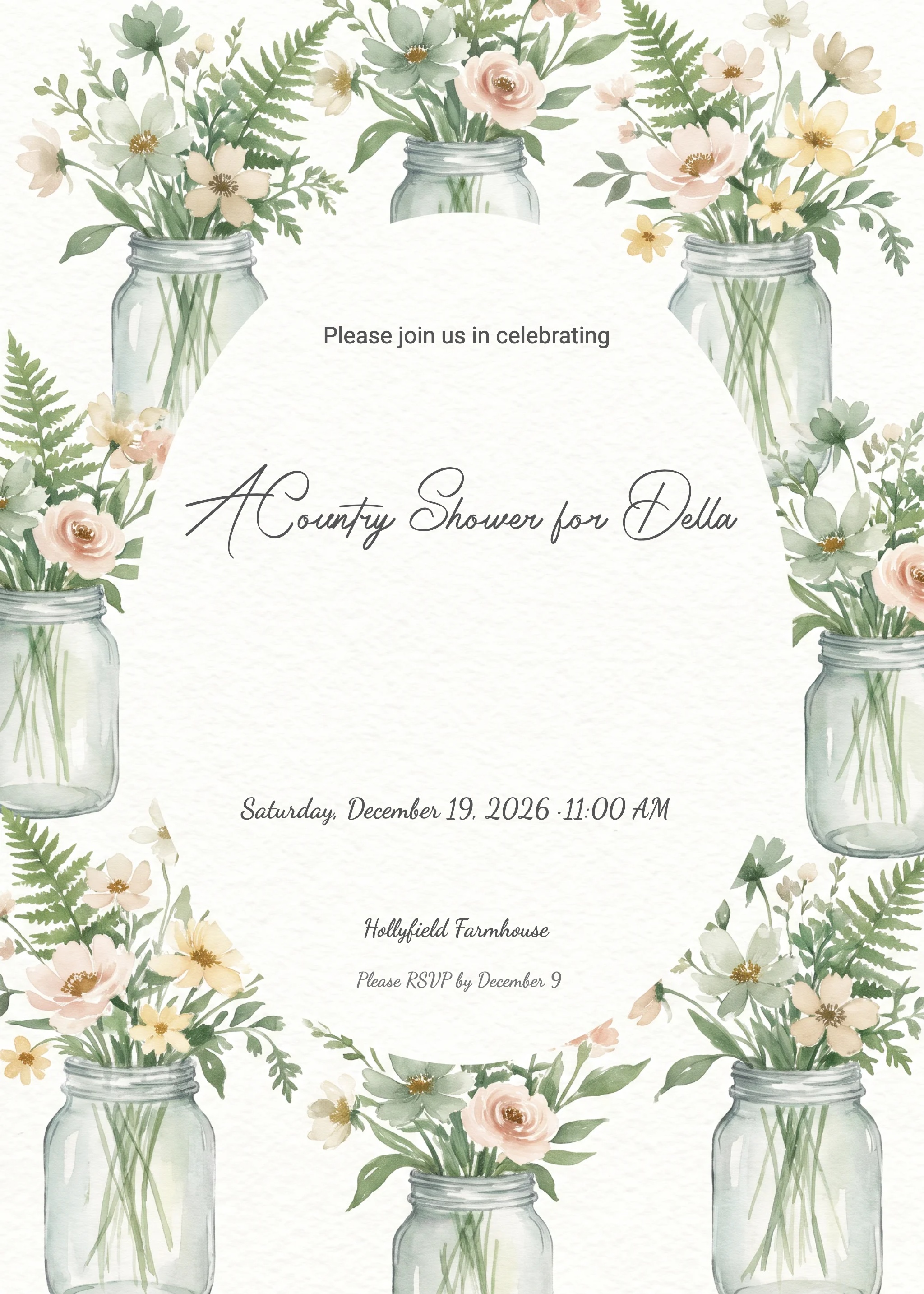 Bridal shower invitation with watercolor mason jars and soft pink and yellow wildflowers.