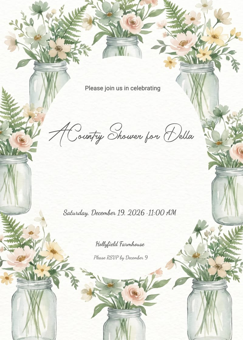 Bridal shower invitation with watercolor mason jars and soft pink and yellow wildflowers.