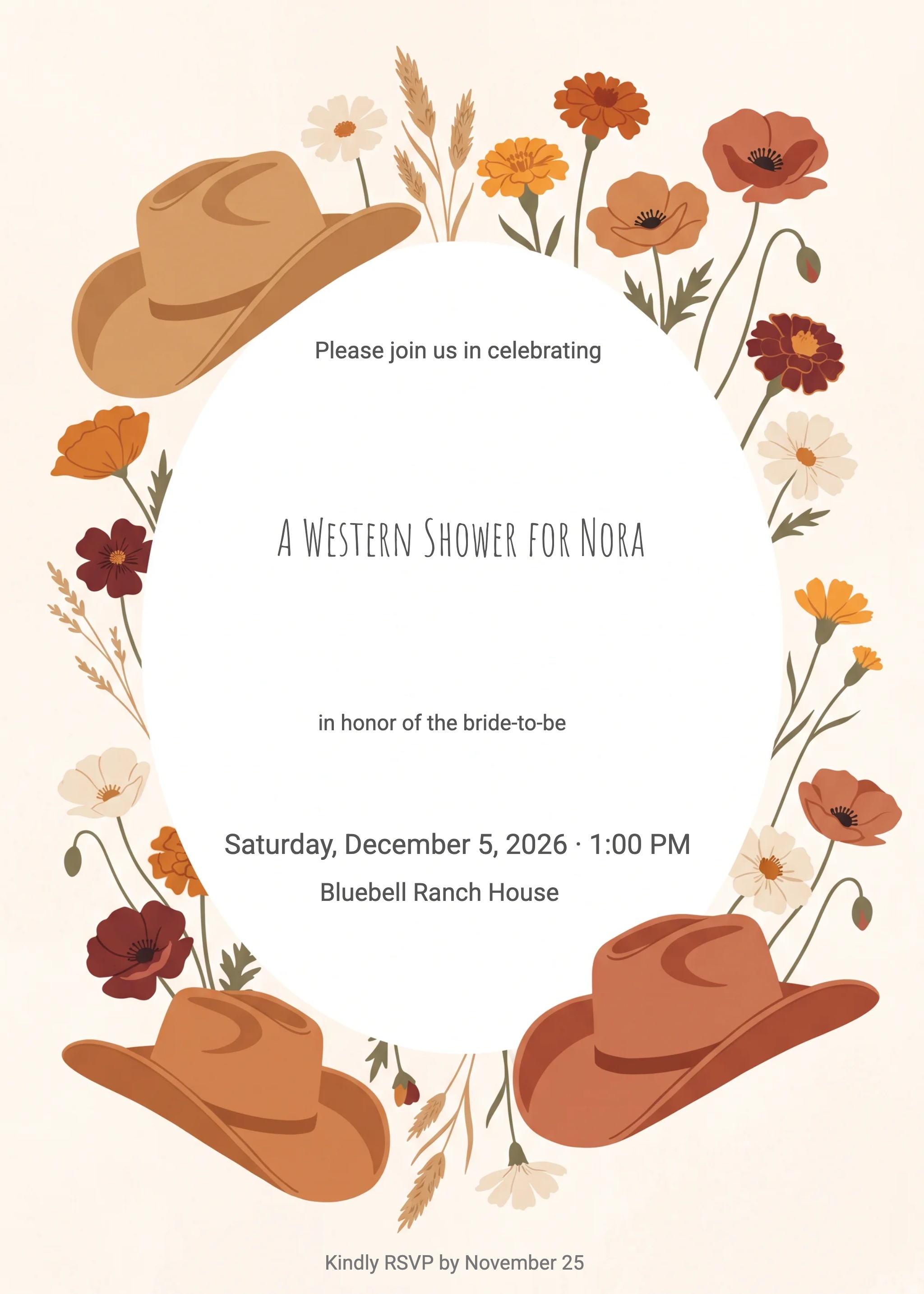 Cream bridal shower invitation with cowboy hats, wildflowers, and western typography.