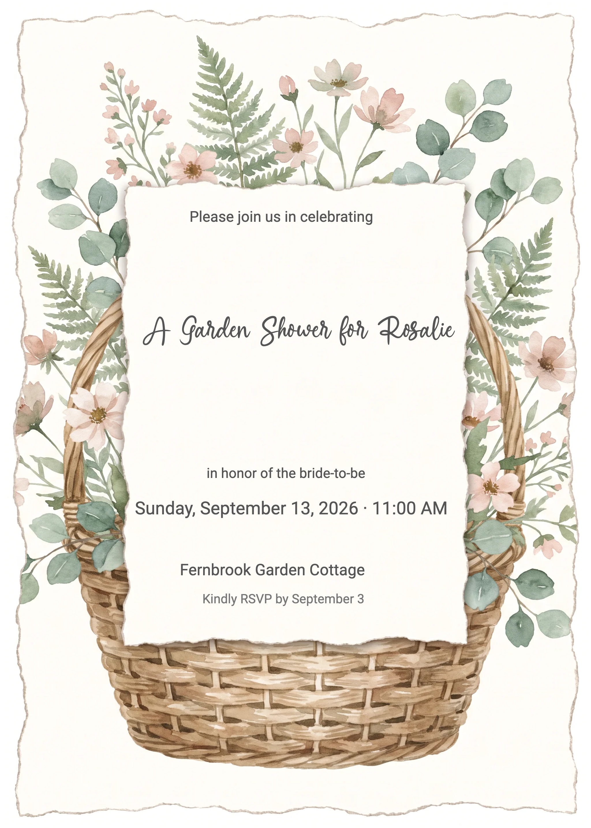Bridal shower invitation with watercolor wicker basket, wildflowers, ferns, and eucalyptus.