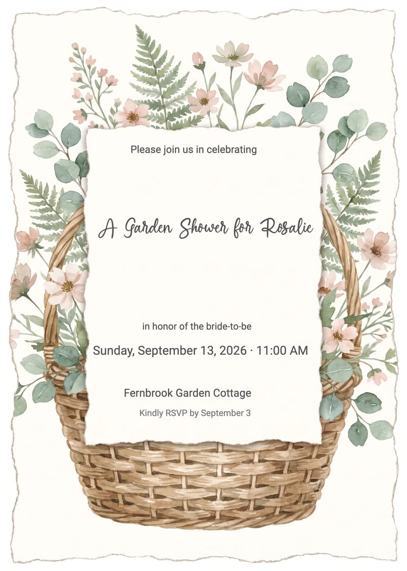 Bridal shower invitation with watercolor wicker basket, wildflowers, ferns, and eucalyptus.