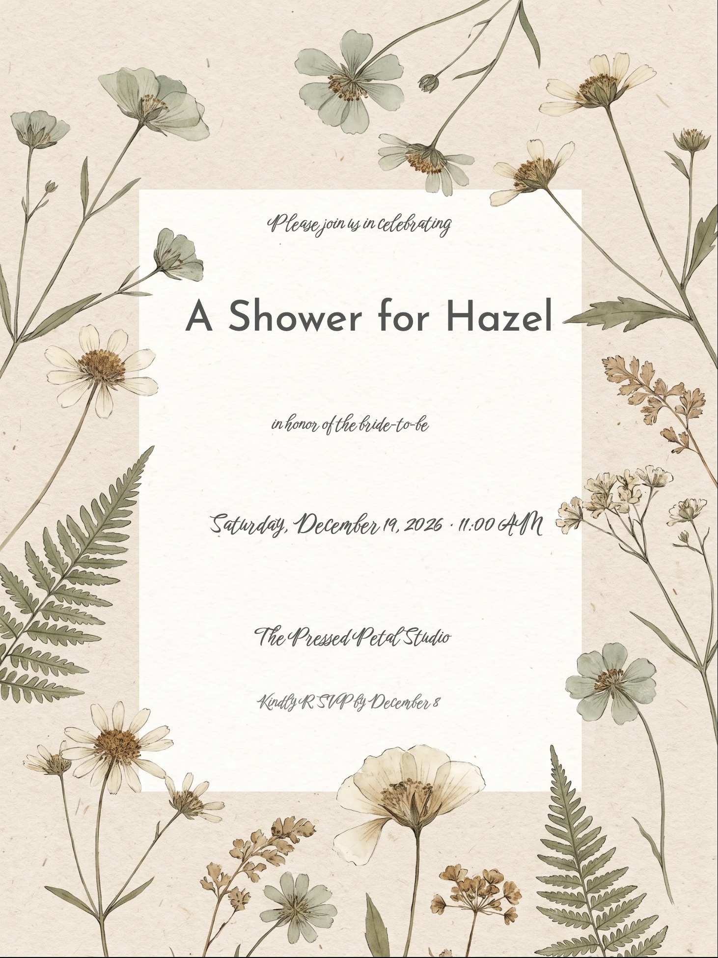 Boho Pressed Wildflowers Bridal Shower Invitation