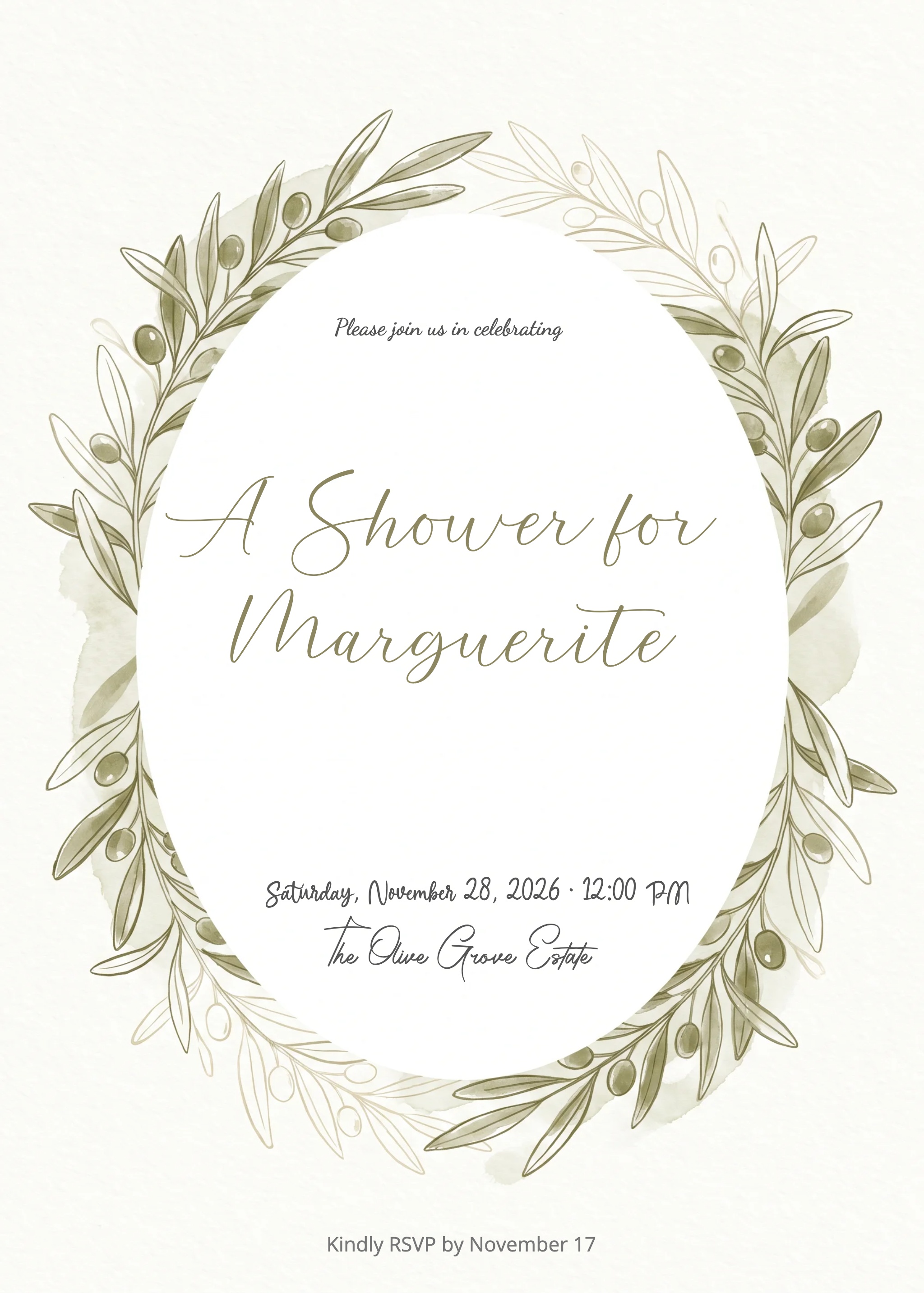 Bridal shower invitation with sage green watercolor olive branch wreath on cream background.