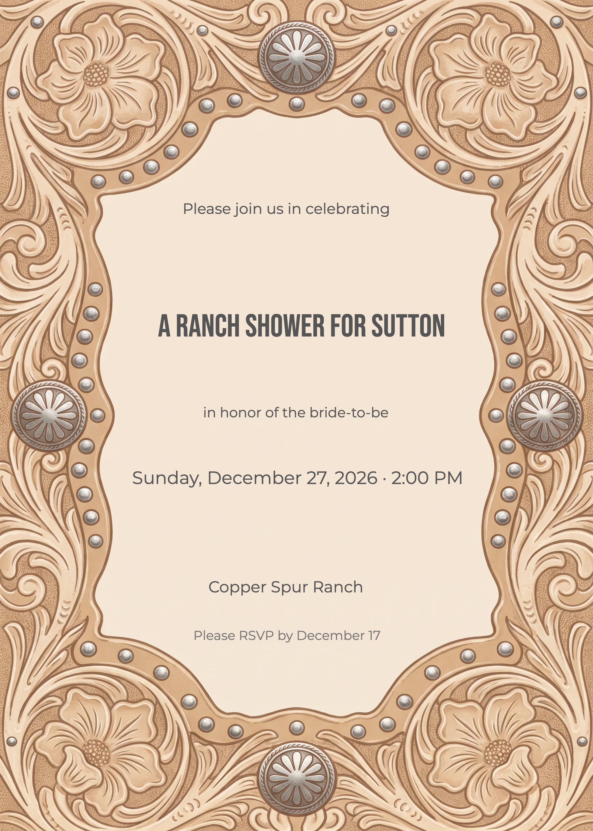 Bridal shower invitation with tooled leather border, silver conchos, and cream center panel.