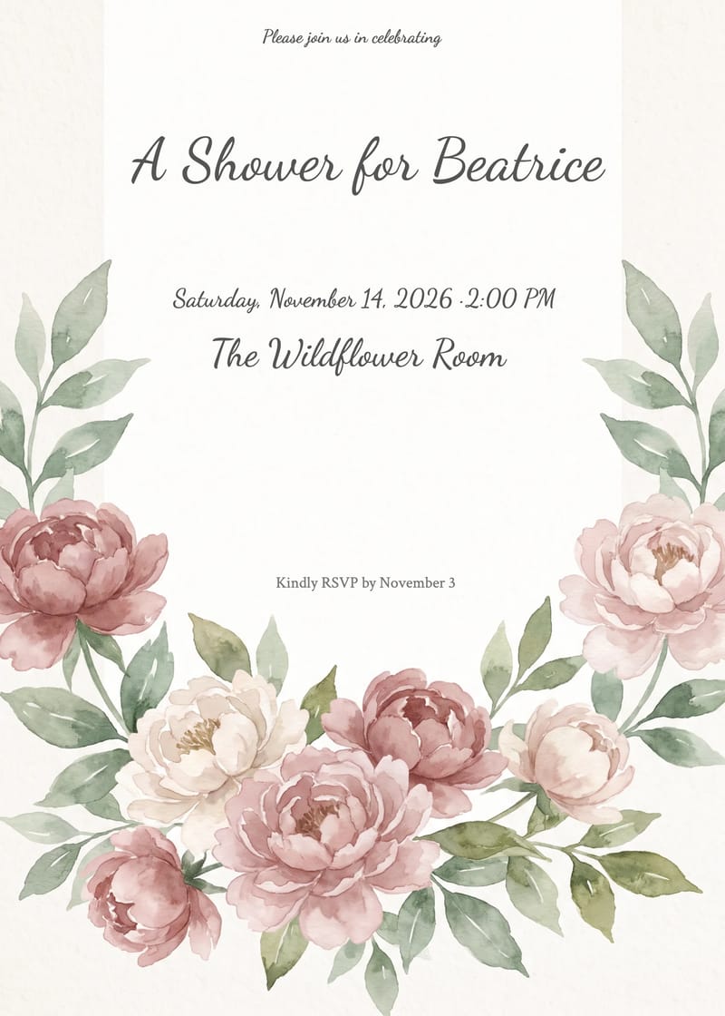 Bridal shower invitation with watercolor peony wreath in dusty rose and sage green.