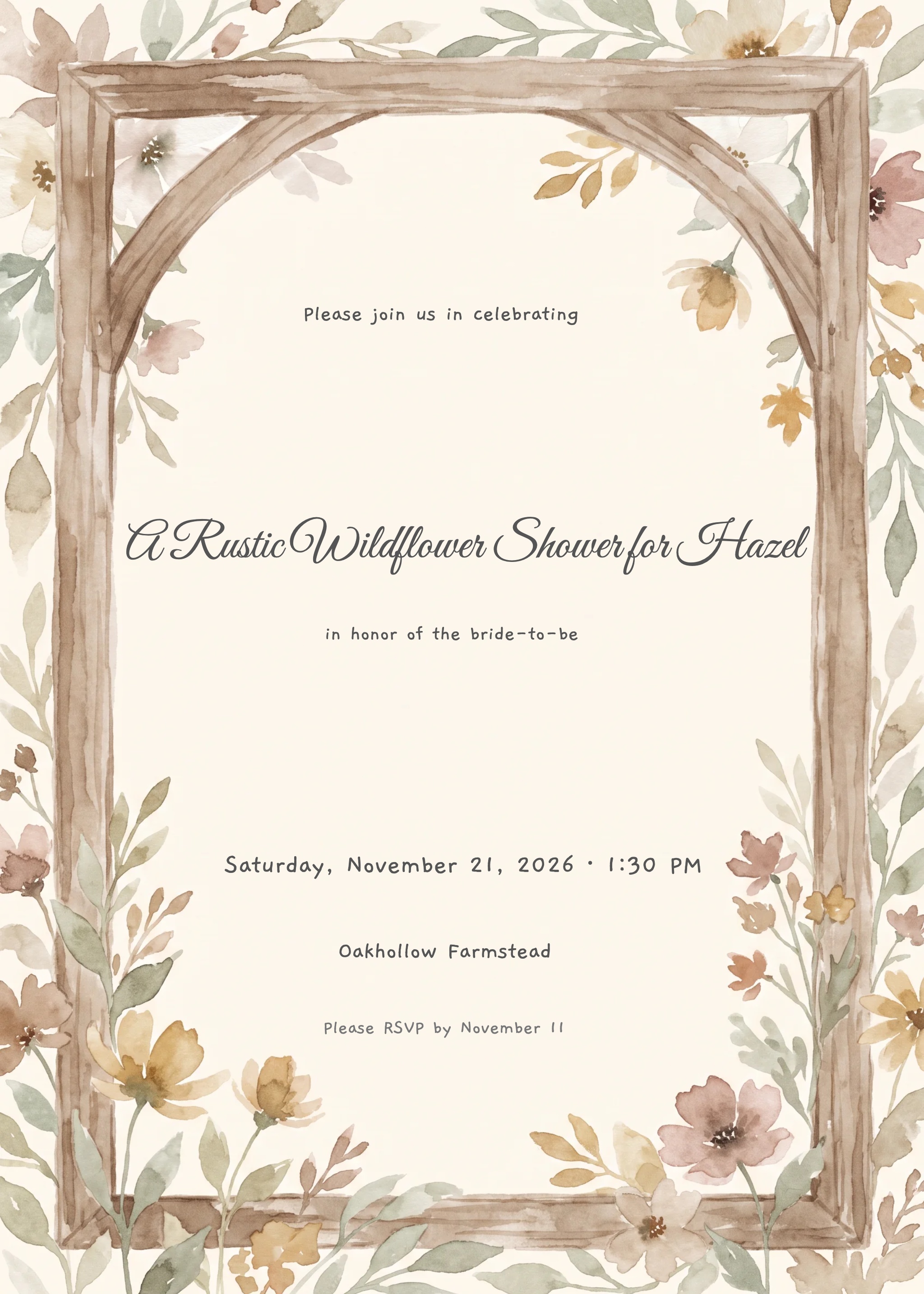 Bridal shower invitation with watercolor wildflowers, wooden arch frame, and script calligraphy.