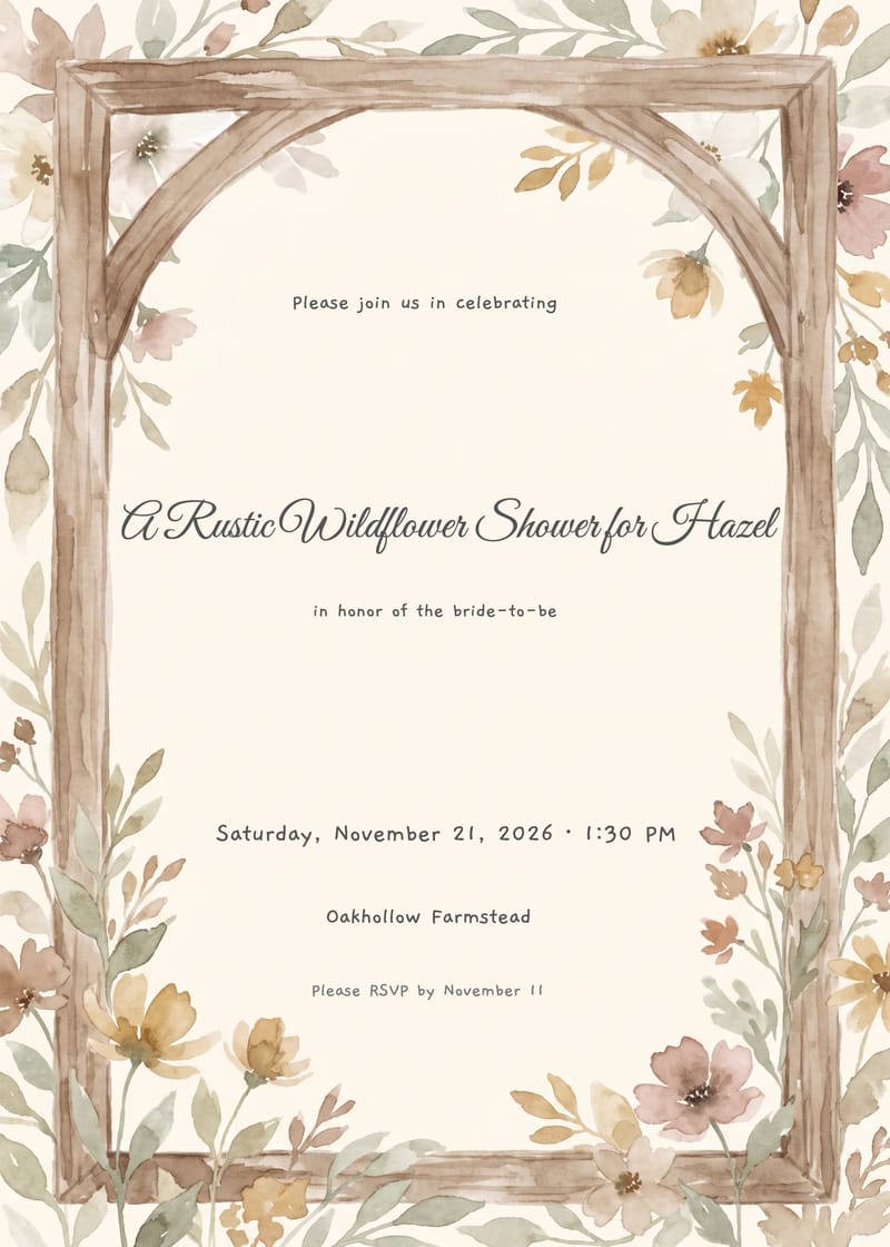 Bridal shower invitation with watercolor wildflowers, wooden arch frame, and script calligraphy.