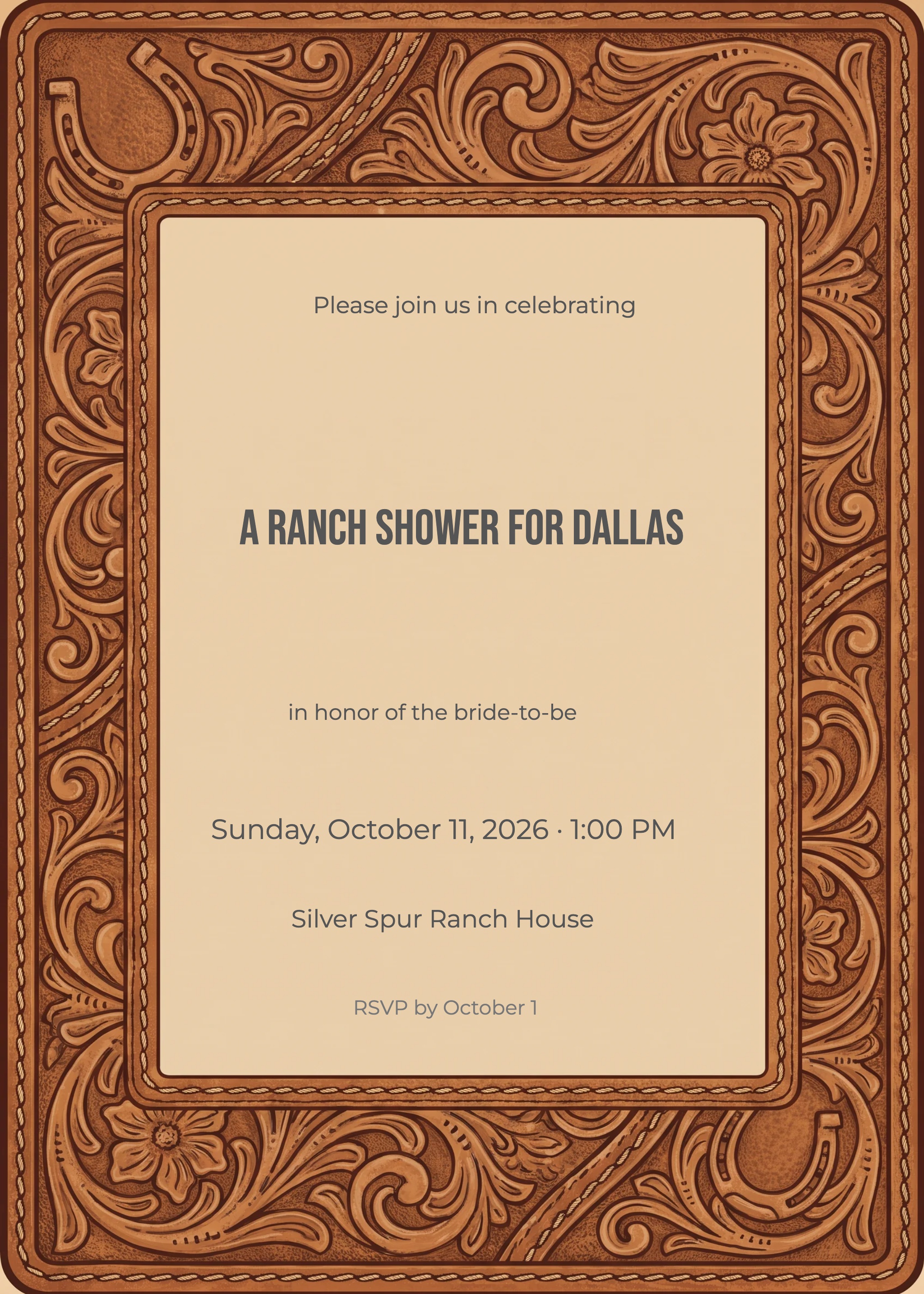Bridal shower invitation with carved tooled-leather border, floral scrollwork, and cream text panel.