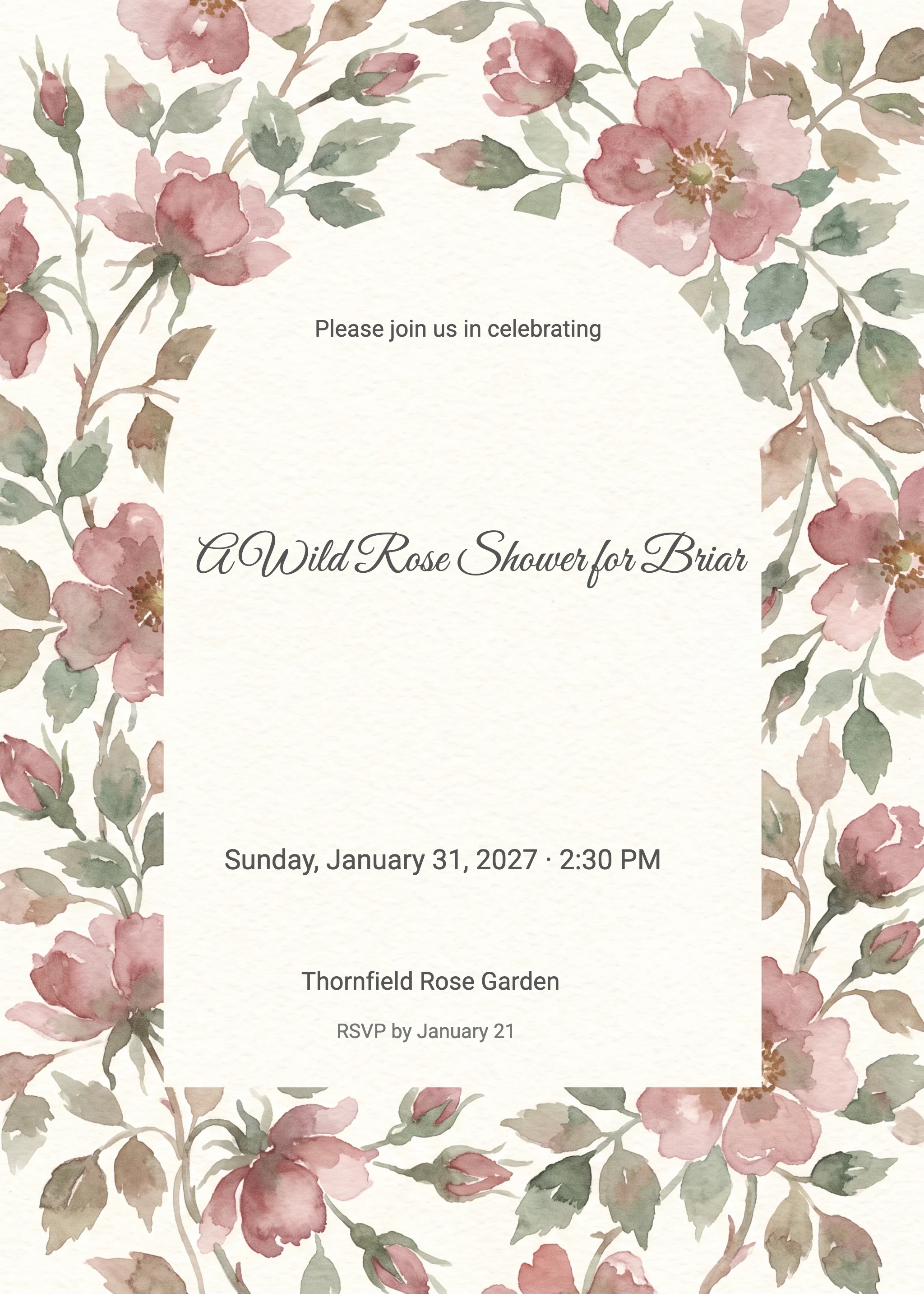 Bridal shower invitation with watercolor wild rose border on cream background.
