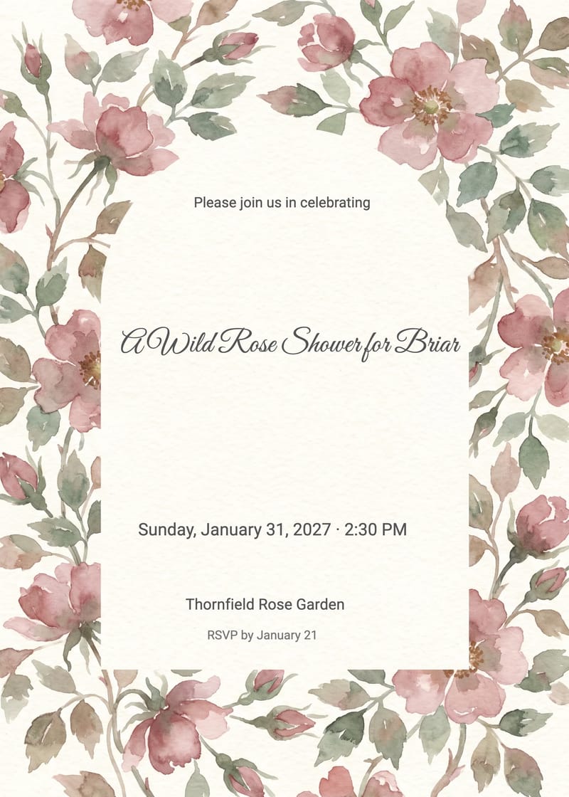 Bridal shower invitation with watercolor wild rose border on cream background.