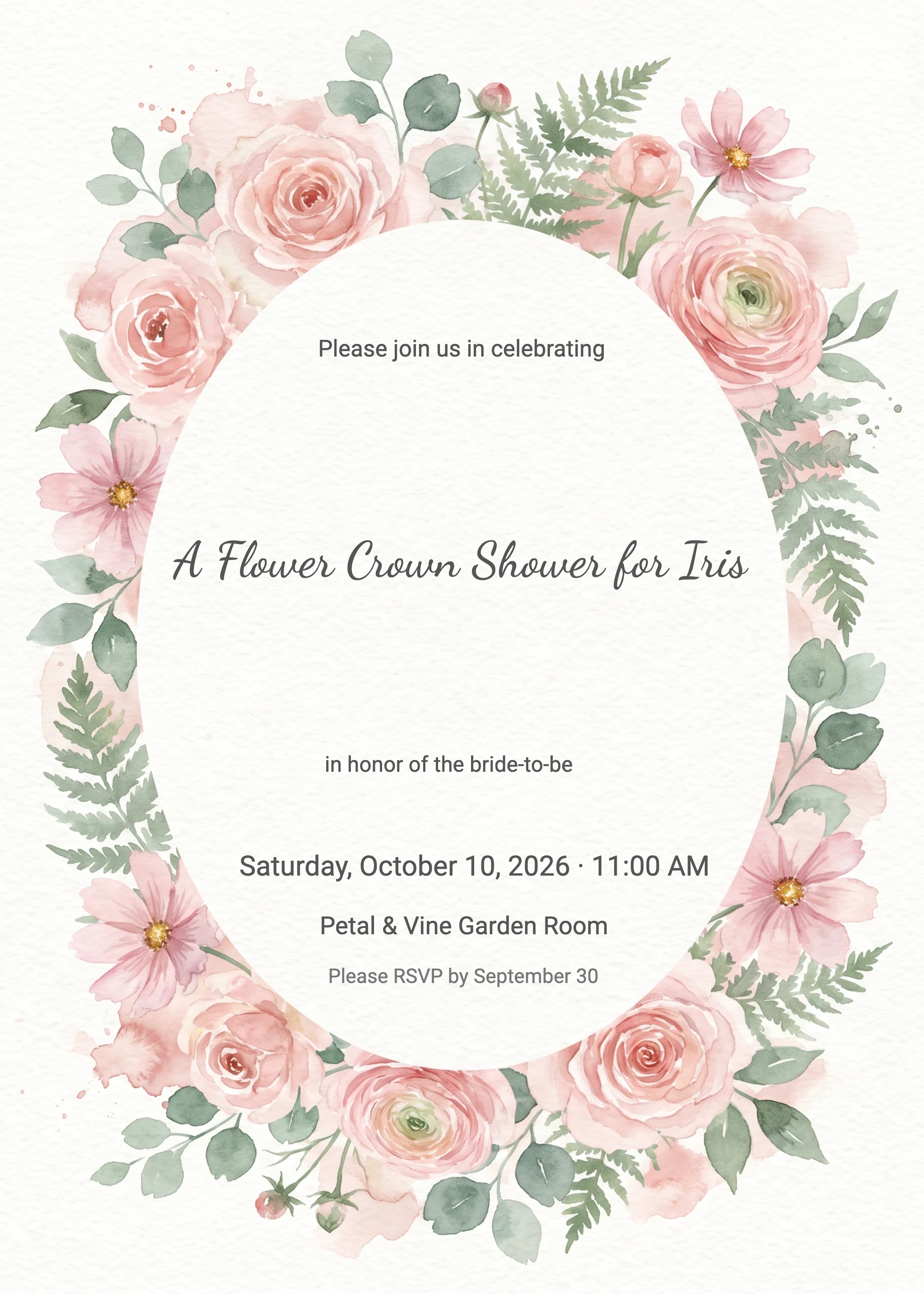 Bridal shower invitation with blush watercolor roses and ferns framing oval text area.
