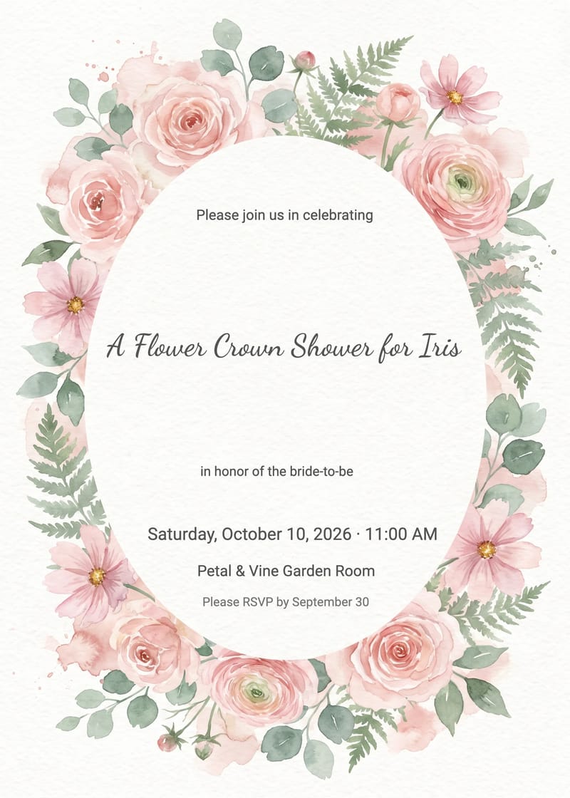 Bridal shower invitation with blush watercolor roses and ferns framing oval text area.