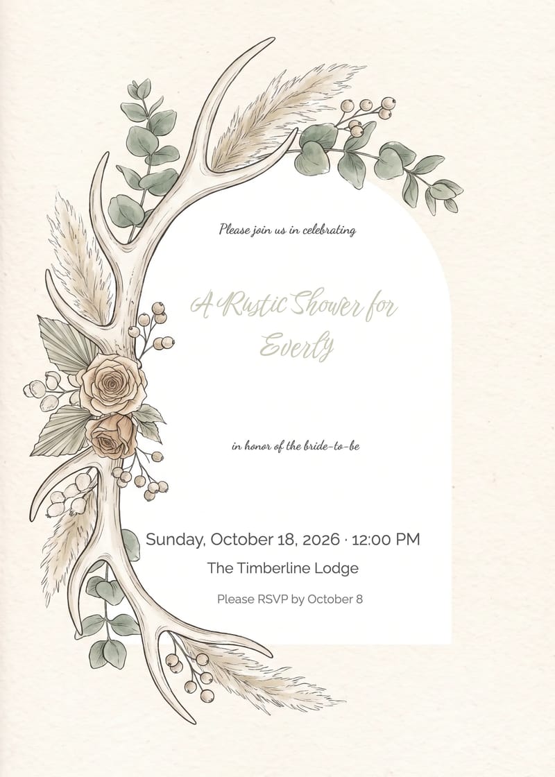 Antler & Dried Florals Rustic Bridal Shower Invitation invitation