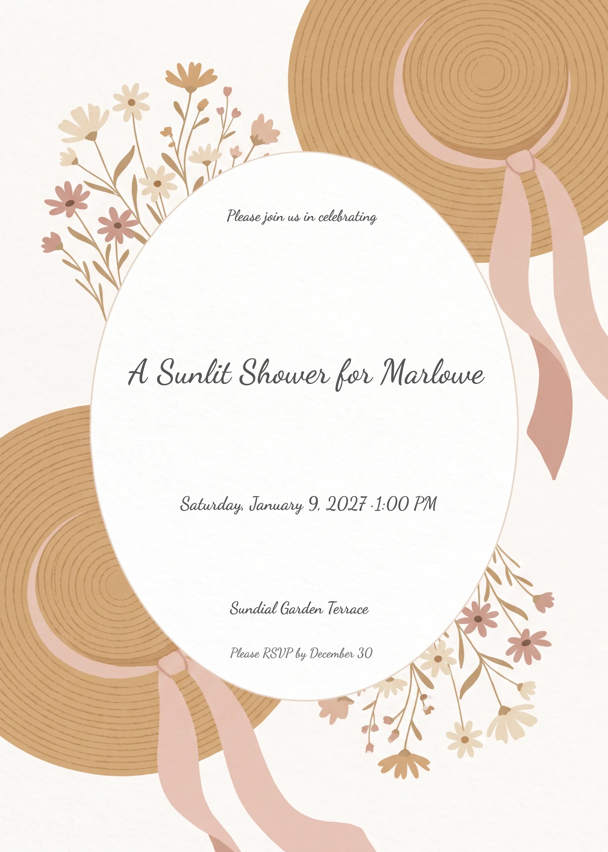 Bridal shower invitation with straw hats, blush ribbons, and wildflower sprigs on cream background.