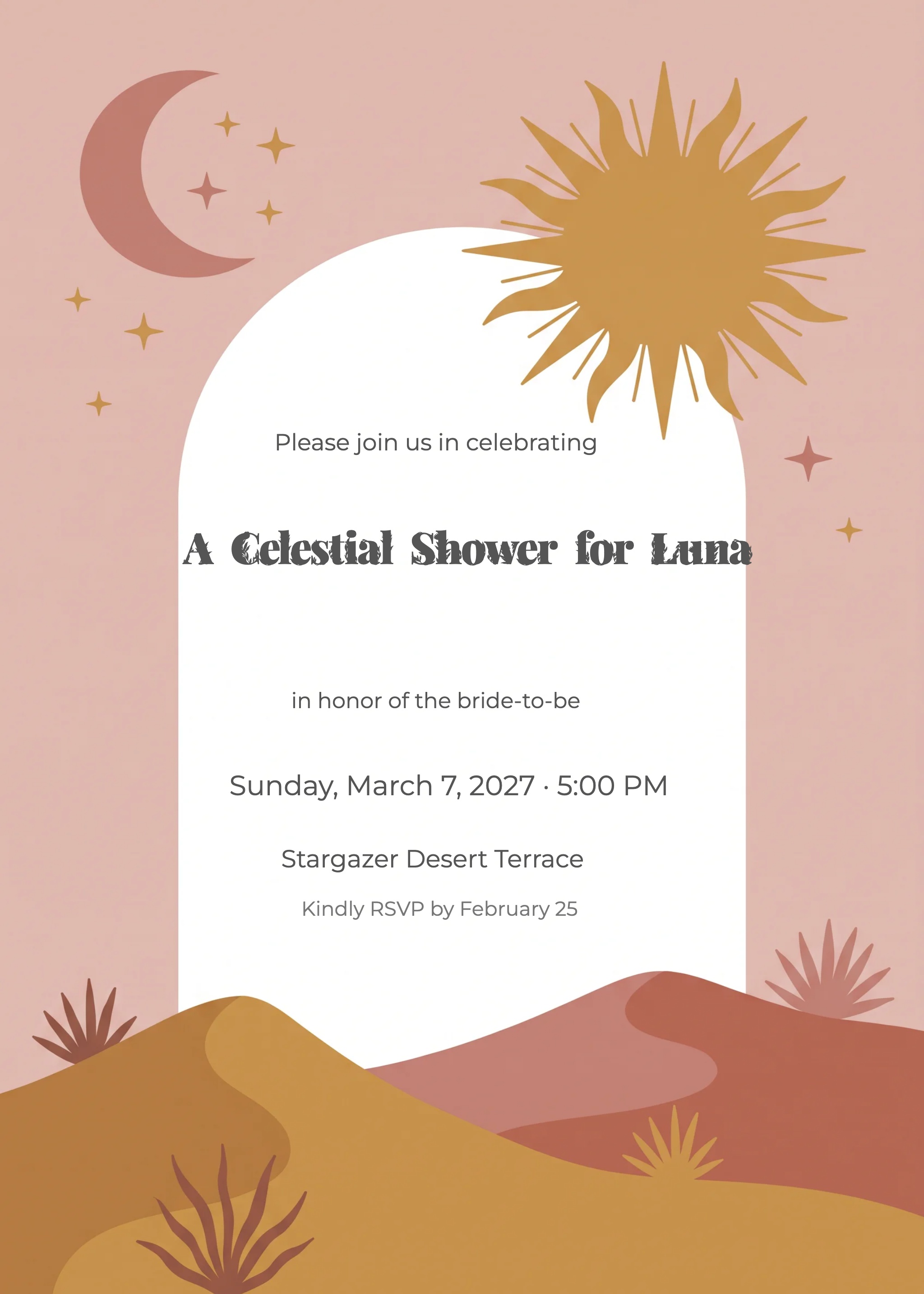 Bridal shower invitation with desert dunes, sun, crescent moon, and arched white text panel.
