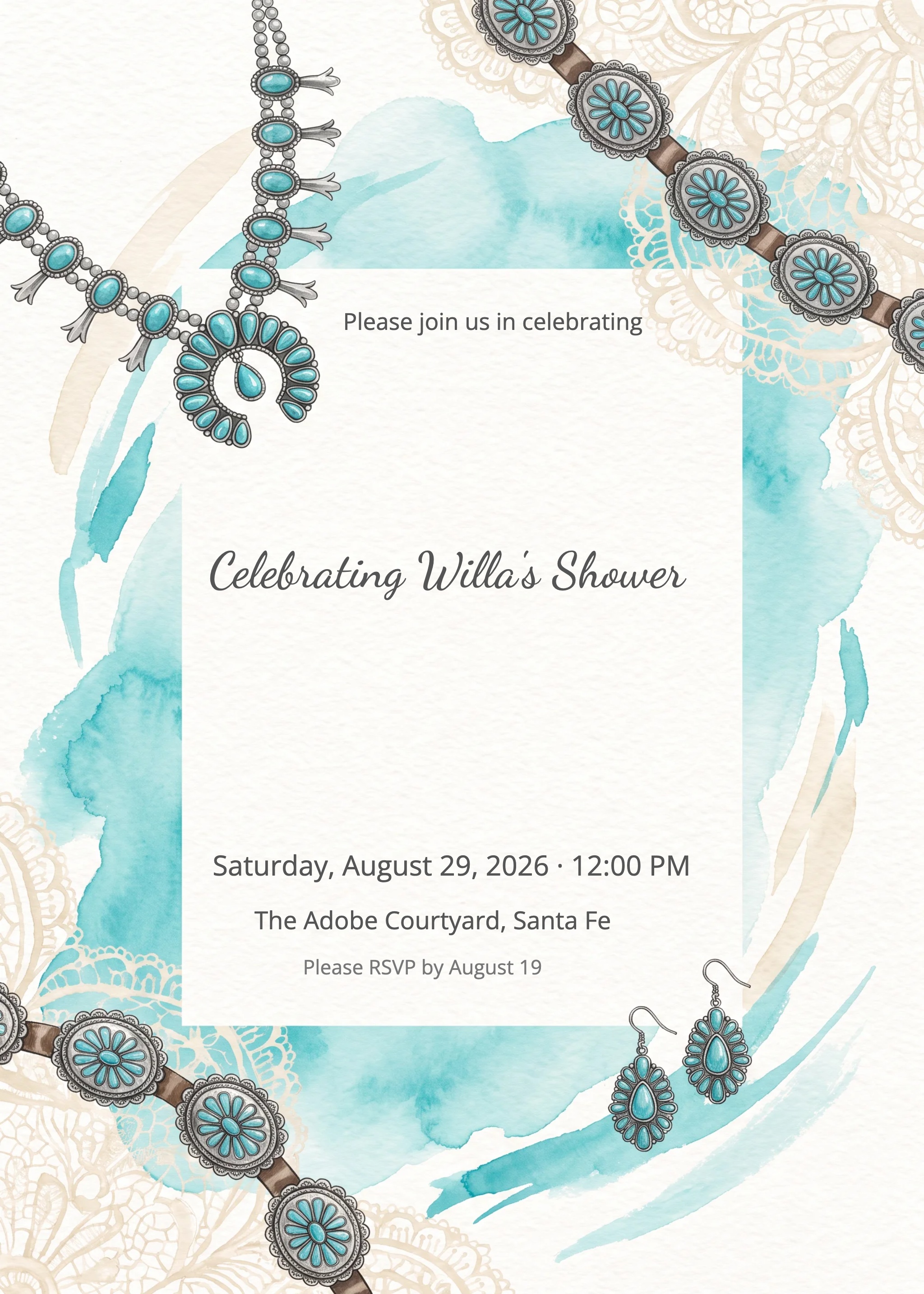 Bridal shower invitation with turquoise jewelry illustrations, teal watercolor, and lace mandala background.