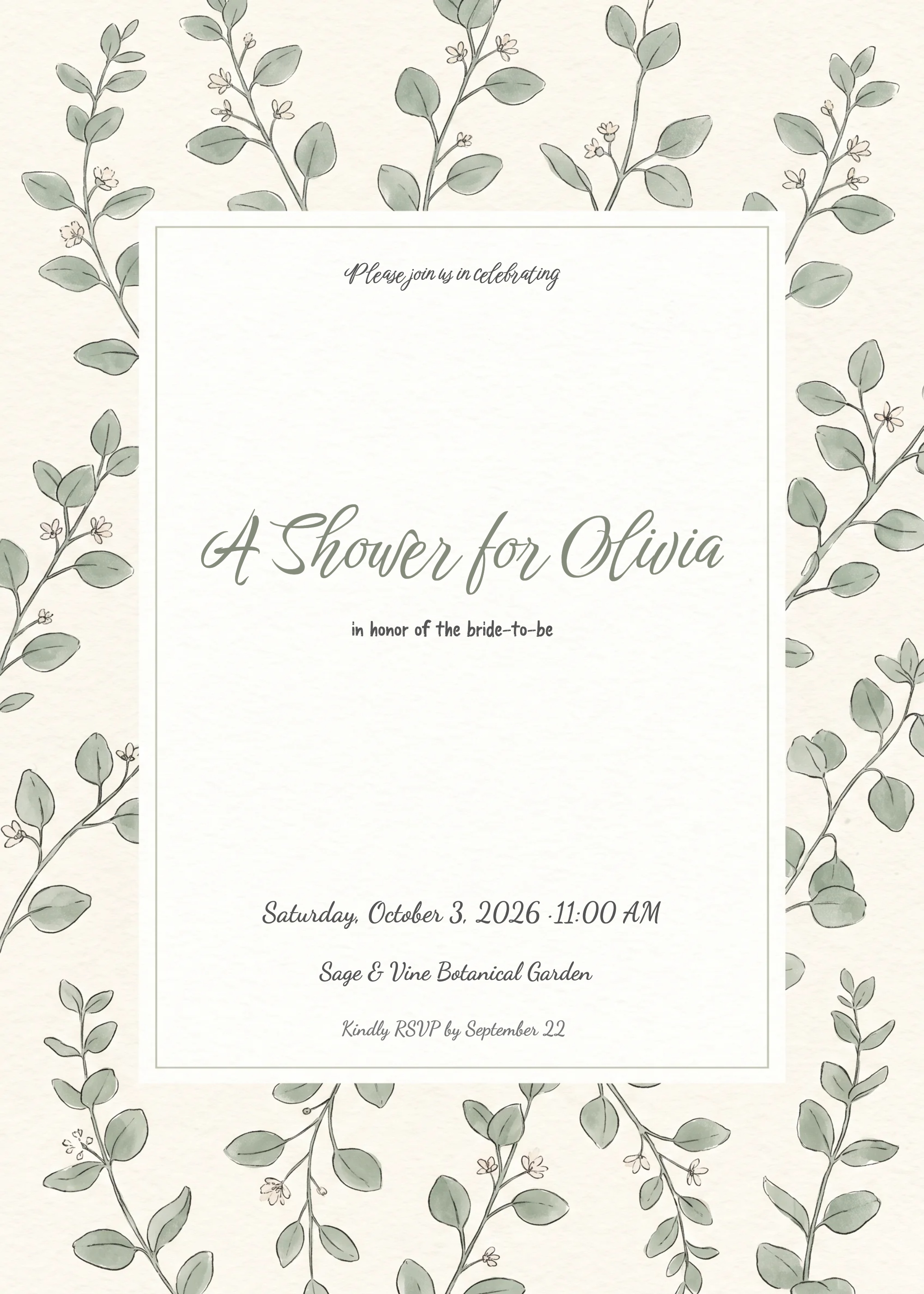 Bridal shower invitation with sage green watercolor botanical sprigs framing a white text panel.