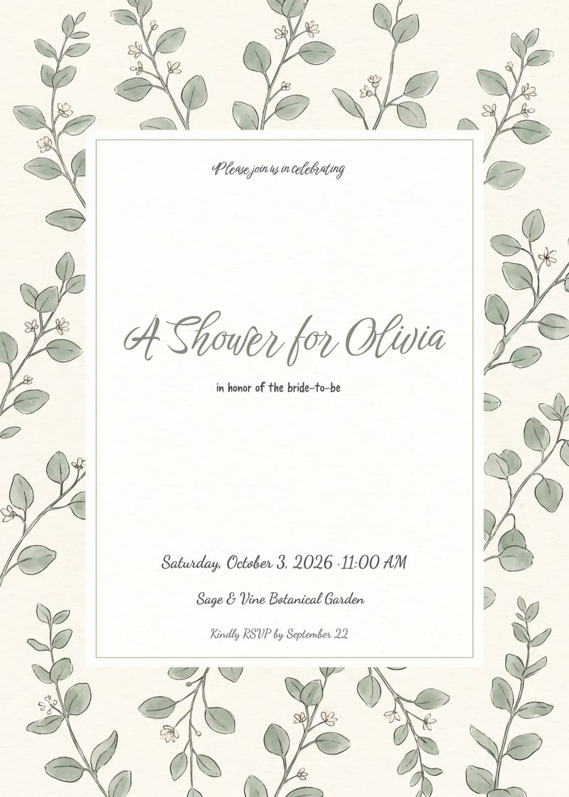 Bridal shower invitation with sage green watercolor botanical sprigs framing a white text panel.