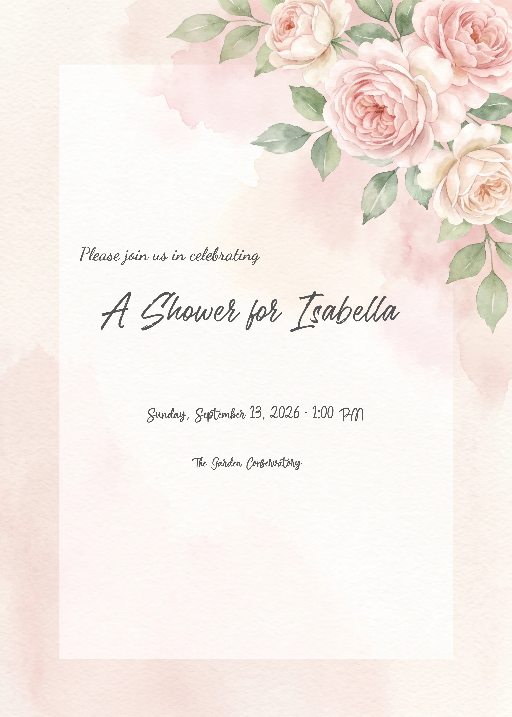 Bridal shower invitation with watercolor blush roses, peonies, and sage foliage in upper-right corner.