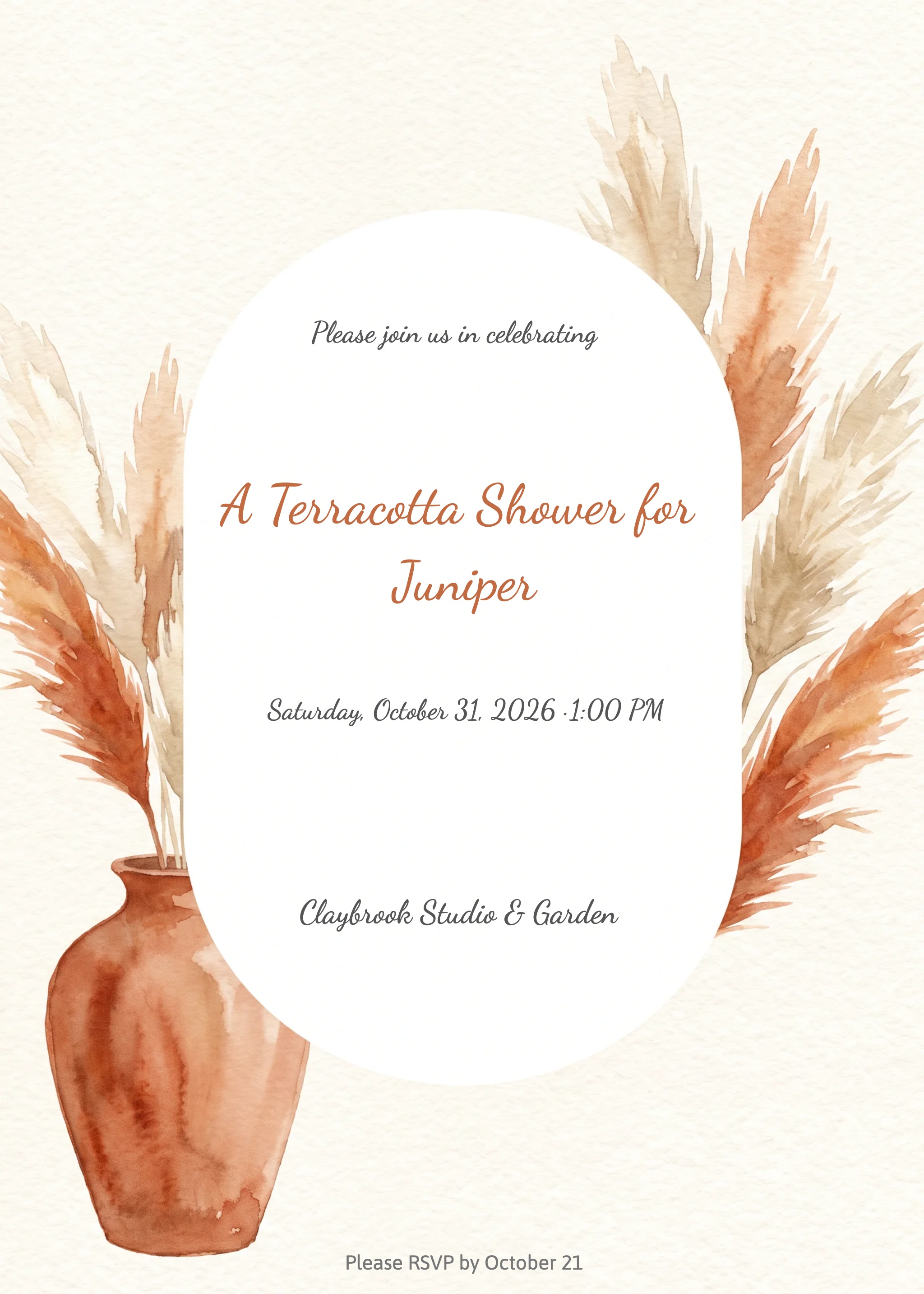 Bridal shower invitation with watercolor pampas grass, terracotta vase, and oval text panel.