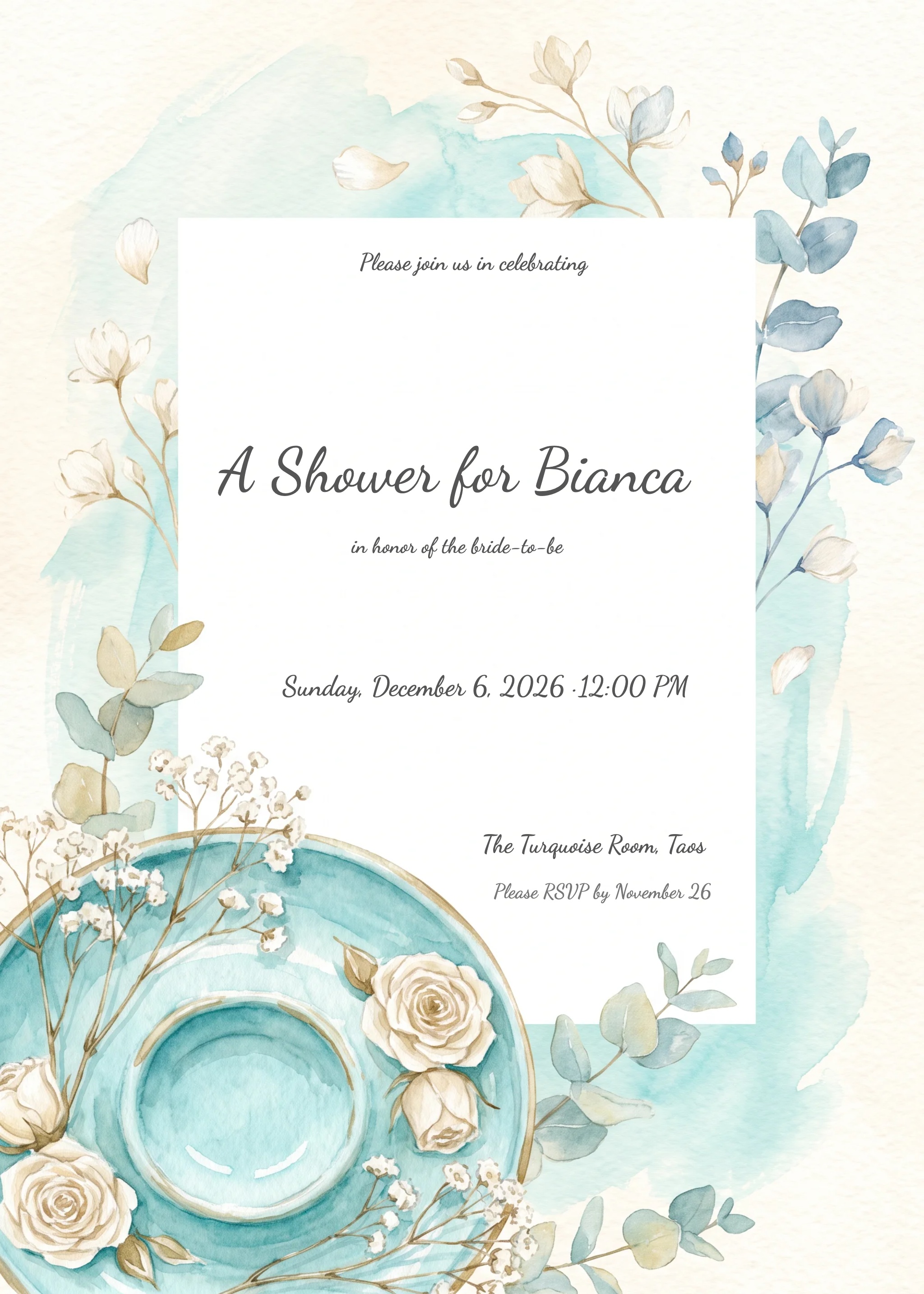 Bridal shower invitation with teal ring dish, white roses, and eucalyptus watercolor border.