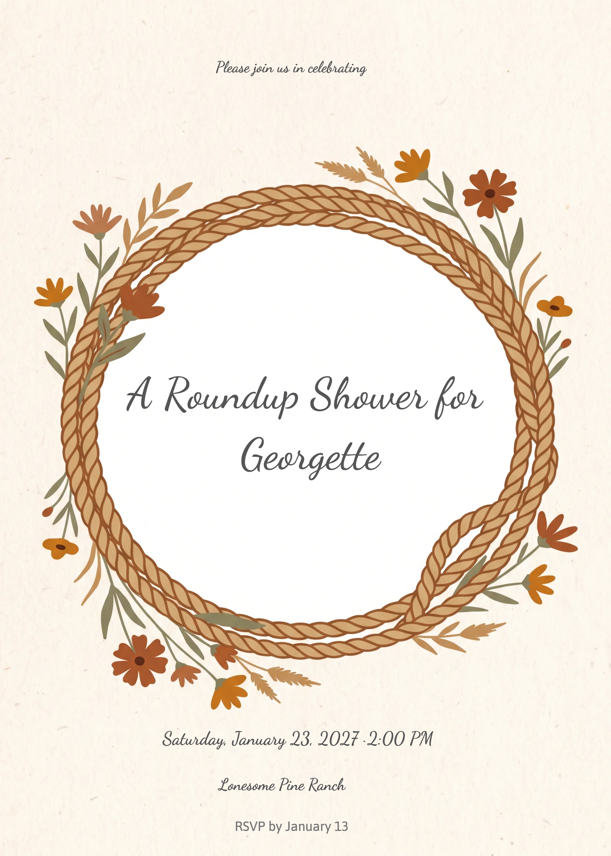 Bridal shower invitation with rope lasso wreath, wildflowers, and script text on cream.