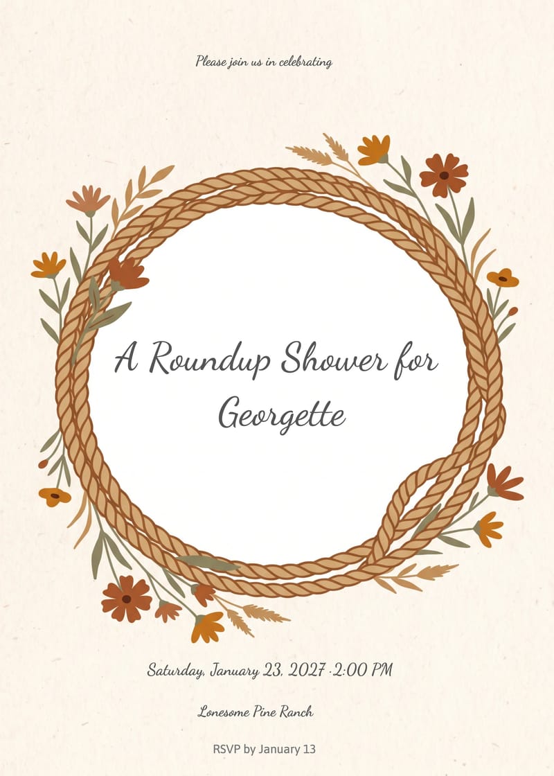 Bridal shower invitation with rope lasso wreath, wildflowers, and script text on cream.