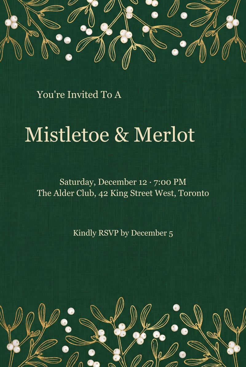 Golden Mistletoe Green Linen Christmas Invitation invitation
