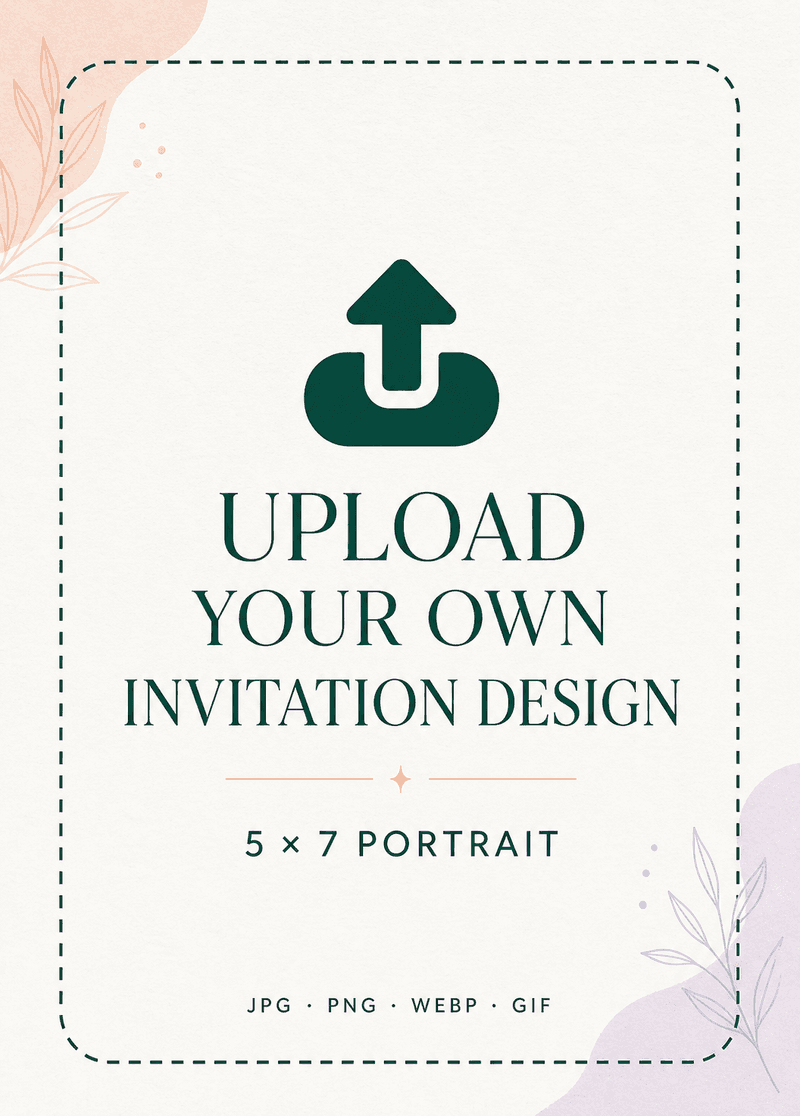 Upload your own 5×7 invitation design placeholder with upload icon.