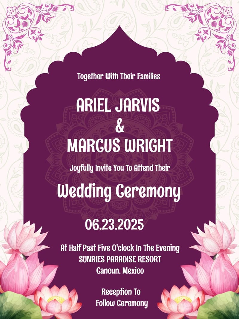 Wedding invitation with purple arch, mandala, lotus flowers, and white text on cream.