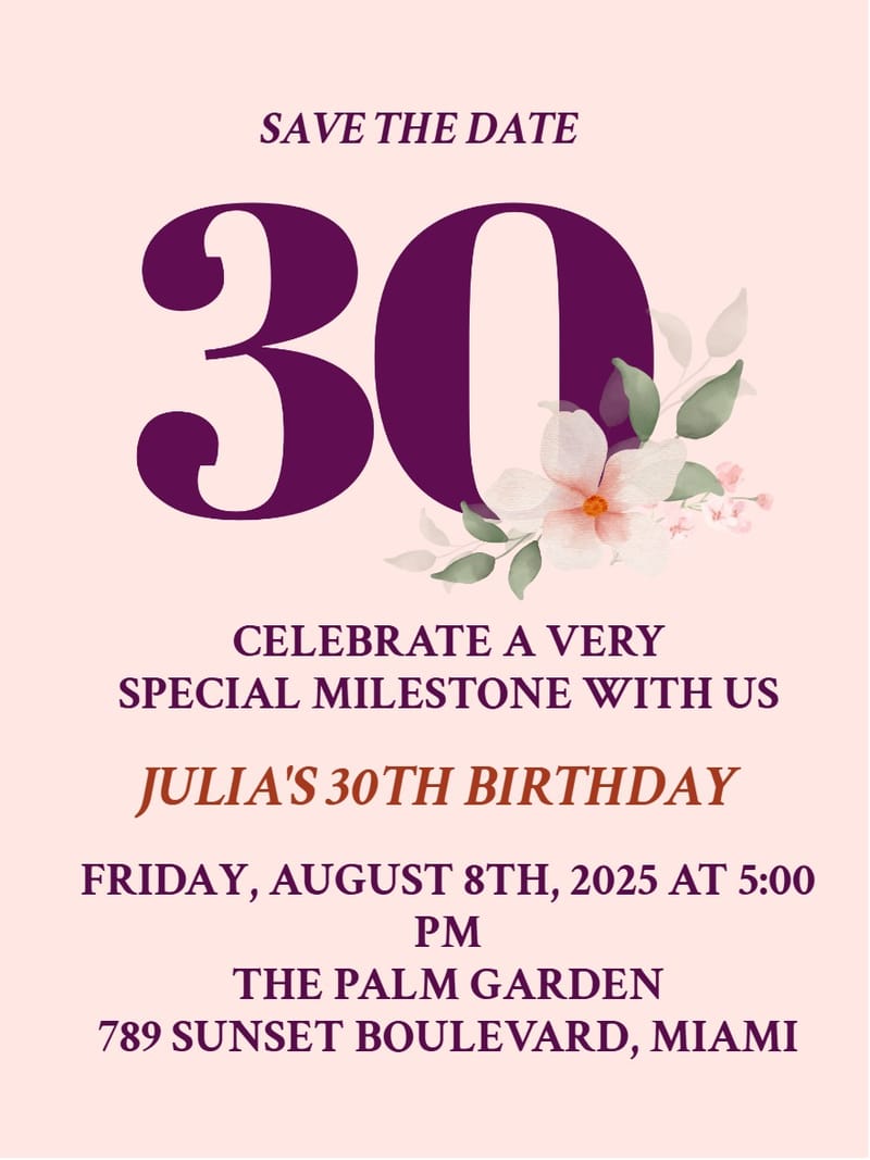 Blush pink 30th birthday save the date card with watercolor flowers and bold purple numerals.