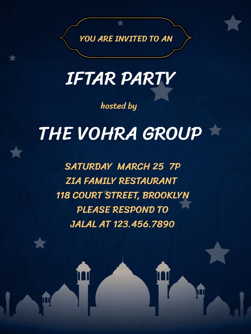 Dark navy Iftar party invitation with mosque skyline silhouettes and gold star accents.