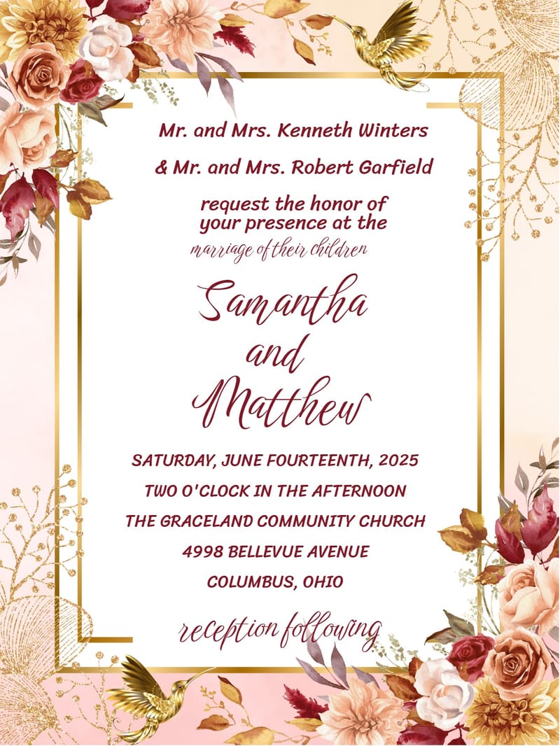 Blush wedding invitation with gold border, watercolor florals, hummingbirds, and calligraphy names.