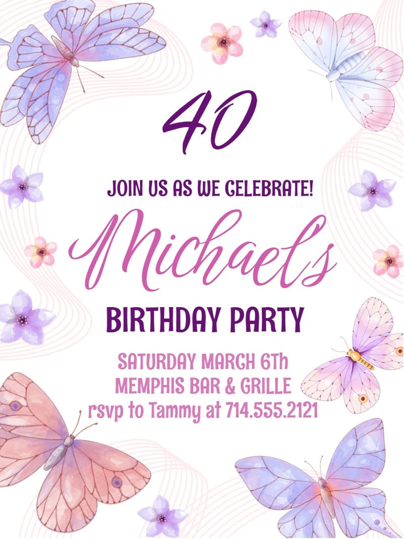 Elegant digital adult birthday â butterfly adult birthday invitation Template template