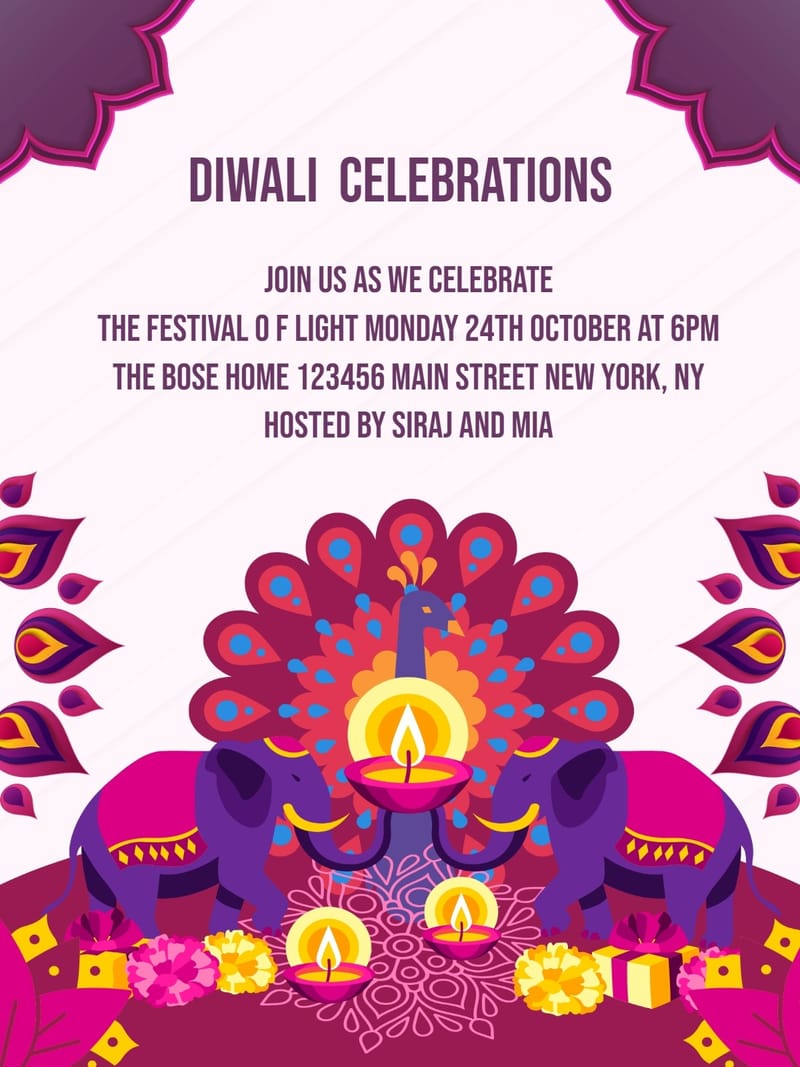 Diwali invitation with peacock, elephants, diya lamps, and rangoli illustration.