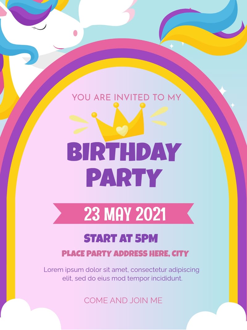 Birthday party invitation with cartoon unicorn, rainbow arch, and pastel gradient background.