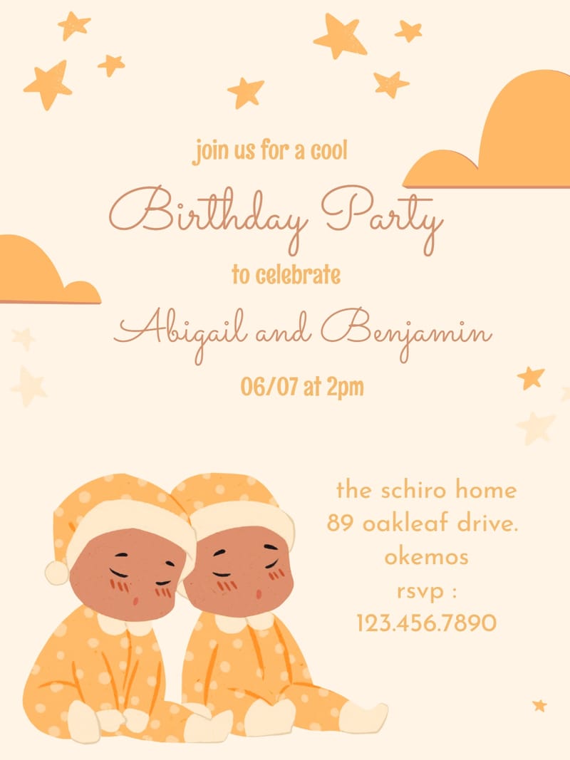 Birthday invitation with two illustrated babies in orange pajamas, stars, and clouds.