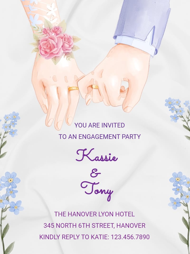 Engagement party invitation showing illustrated hands with gold rings, pink roses, and blue forget-me-nots.