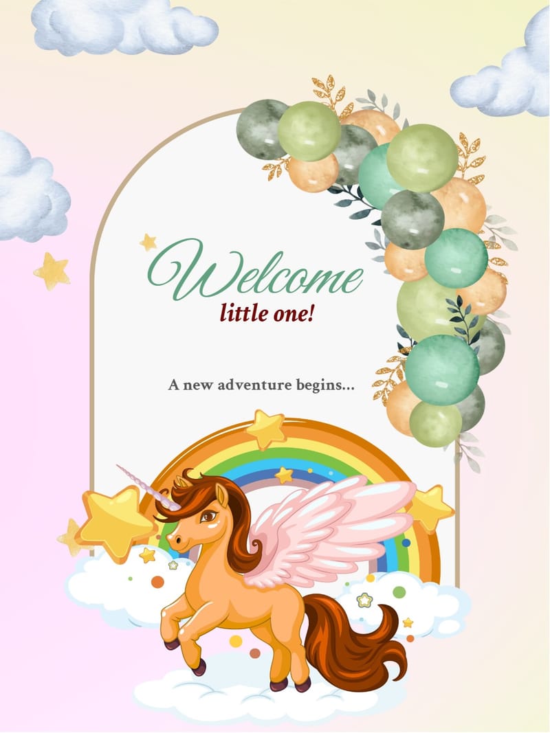 New baby welcome card with a winged unicorn, rainbow, clouds, stars, and green and gold balloons