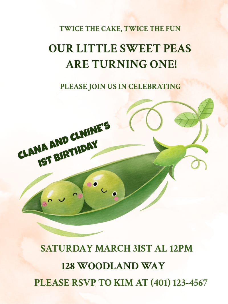Twins first birthday invitation with two smiling peas in a watercolor pea pod.