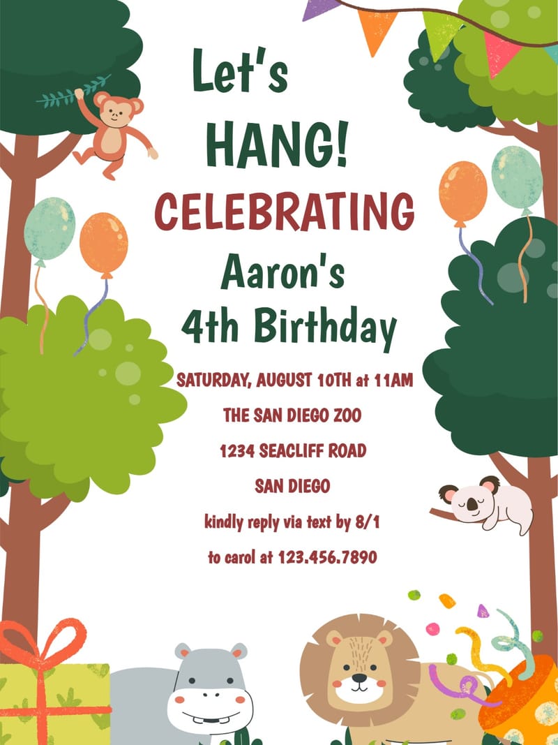 Modern animal birthday invitation â hanging animal birthday theme Template e-card design