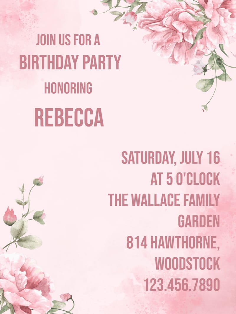 Blush pink birthday invitation with watercolor peonies and bold rose-pink uppercase text.