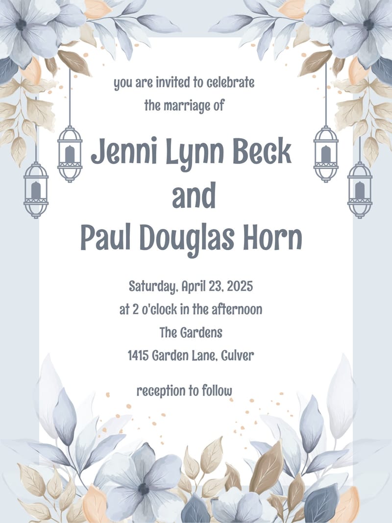 Wedding invitation with watercolor blue florals, hanging lanterns, and bold couple name typography.