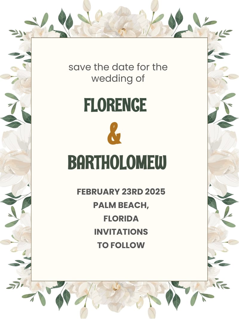 Save-the-date card with white floral border, bold green names, and gold ampersand.