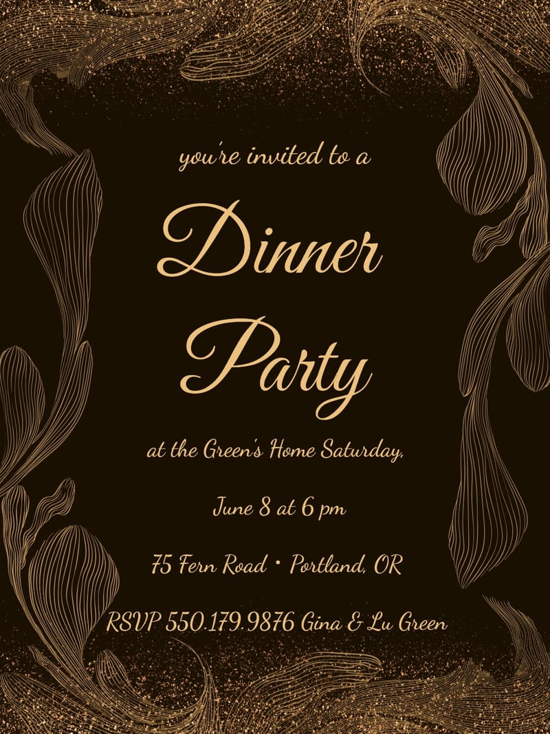 Dark brown dinner party invitation with gold floral line art and script typography.
