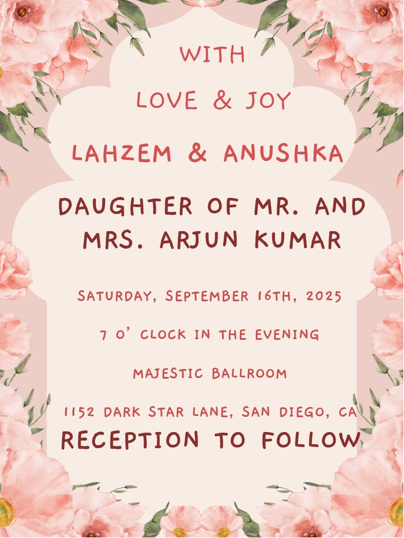 Blush pink watercolor floral wedding invitation with cream arch-shaped text panel.